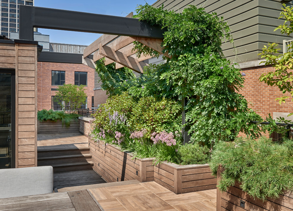 Modelo de jardín contemporáneo de tamaño medio en azotea con jardín vertical, entablado y exposición parcial al sol