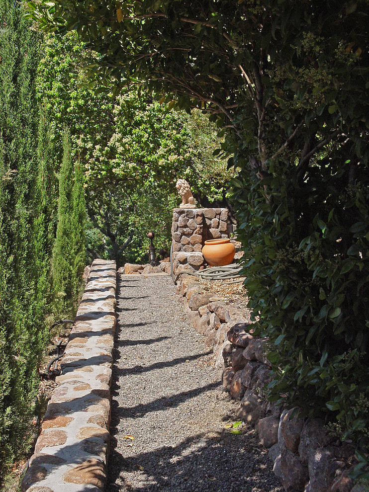 Ejemplo de jardín de secano mediterráneo grande en patio trasero con gravilla