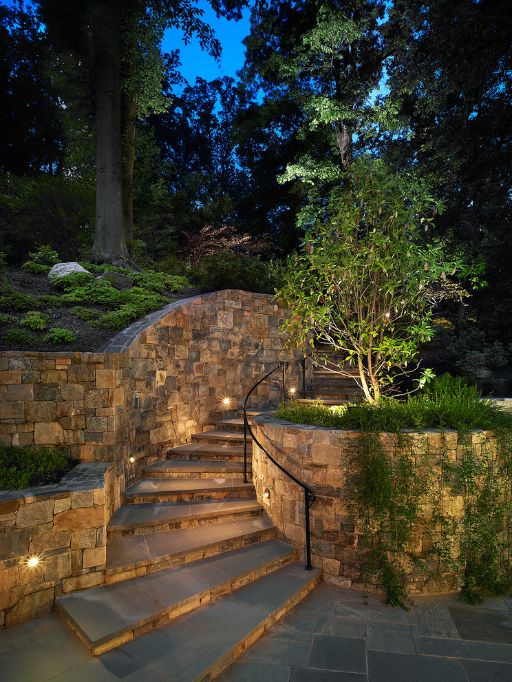 Esempio di un grande giardino formale classico esposto a mezz'ombra dietro casa in estate con un ingresso o sentiero e pavimentazioni in pietra naturale