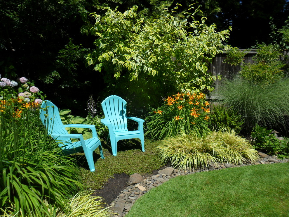 Imagen de jardín de secano costero de tamaño medio en verano en patio trasero con exposición parcial al sol
