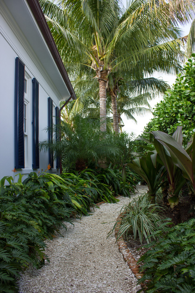 Immagine di un piccolo giardino tropicale in ombra nel cortile laterale con pavimentazioni in pietra naturale