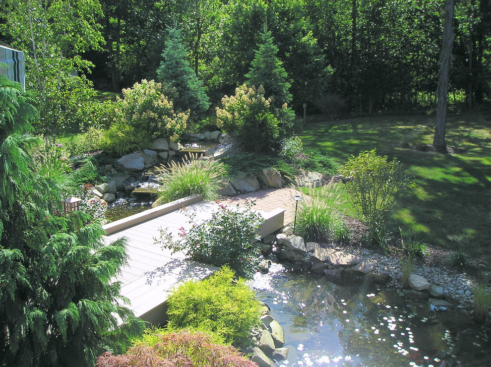 Foto di un grande laghetto da giardino tradizionale esposto in pieno sole dietro casa