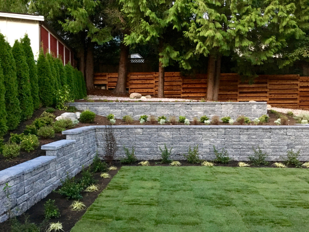 Ejemplo de jardín minimalista de tamaño medio en ladera con muro de contención