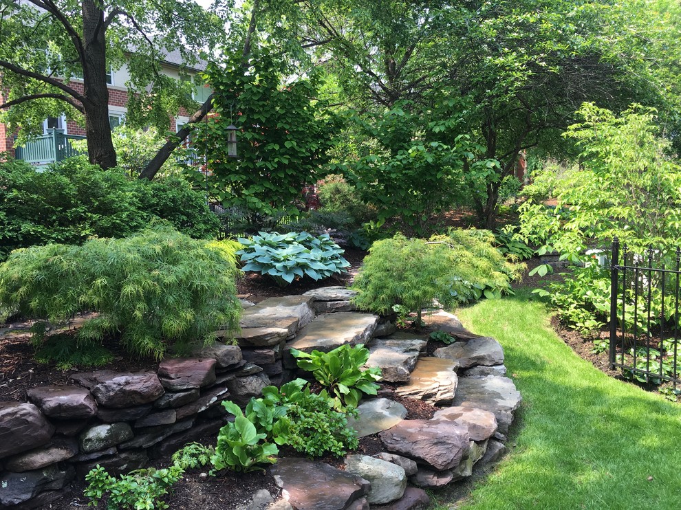 На фото: маленький участок и сад на заднем дворе в современном стиле с подпорной стенкой и полуденной тенью для на участке и в саду с