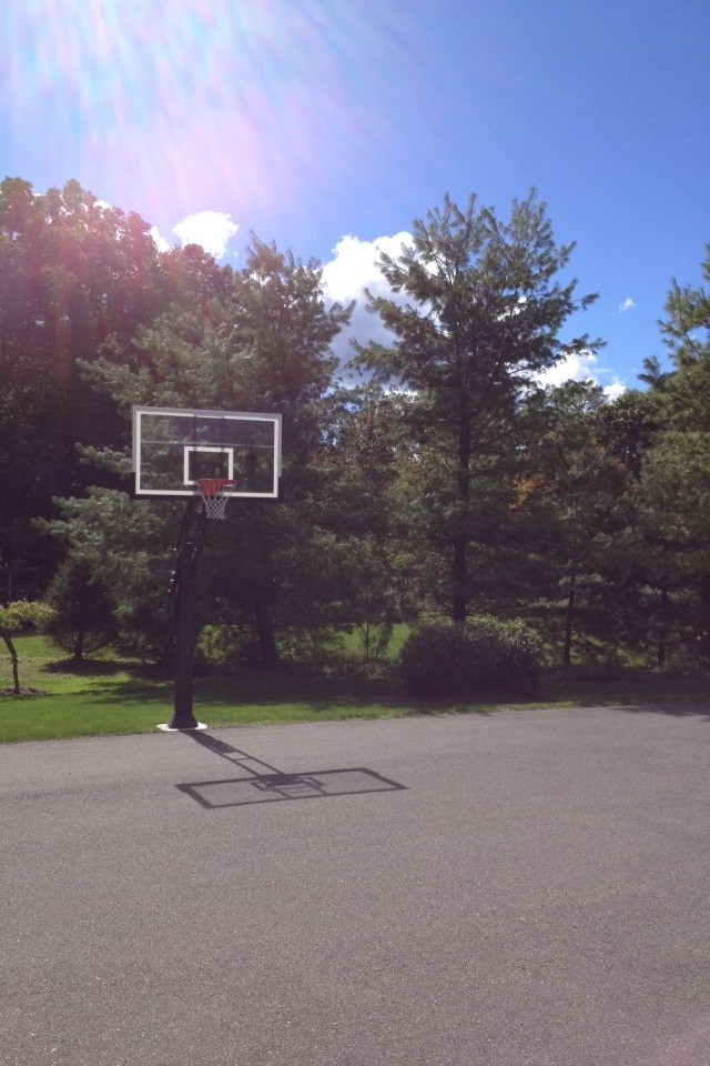 This is an example of a large classic back partial sun garden in Bridgeport with an outdoor sport court.