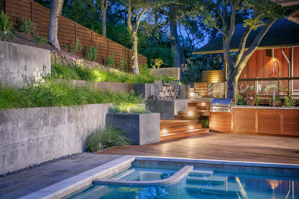 Design ideas for a large contemporary back formal partial sun garden for summer in San Francisco with a water feature.