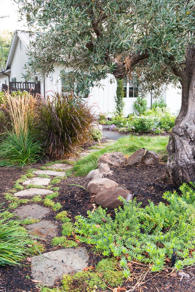 This is an example of a country partial sun garden in San Francisco with a garden path and natural stone paving.
