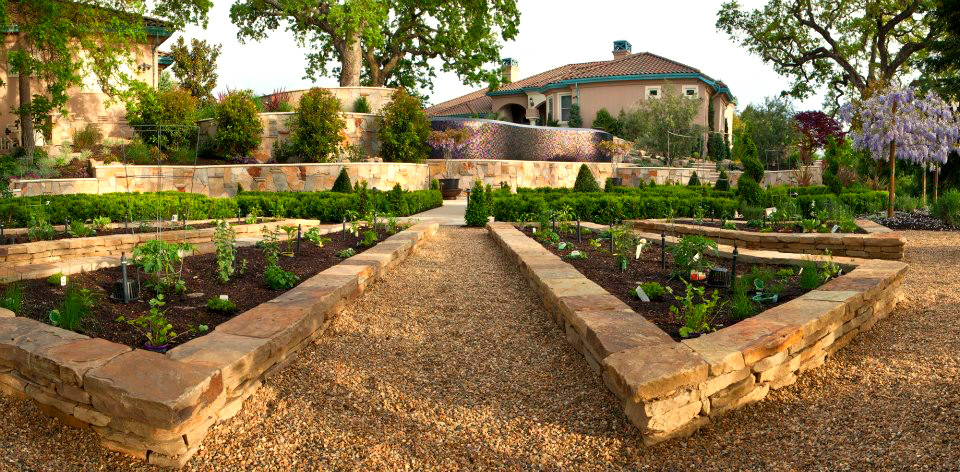 Idee per un grande giardino formale mediterraneo esposto in pieno sole dietro casa in estate con un giardino in vaso e ghiaia