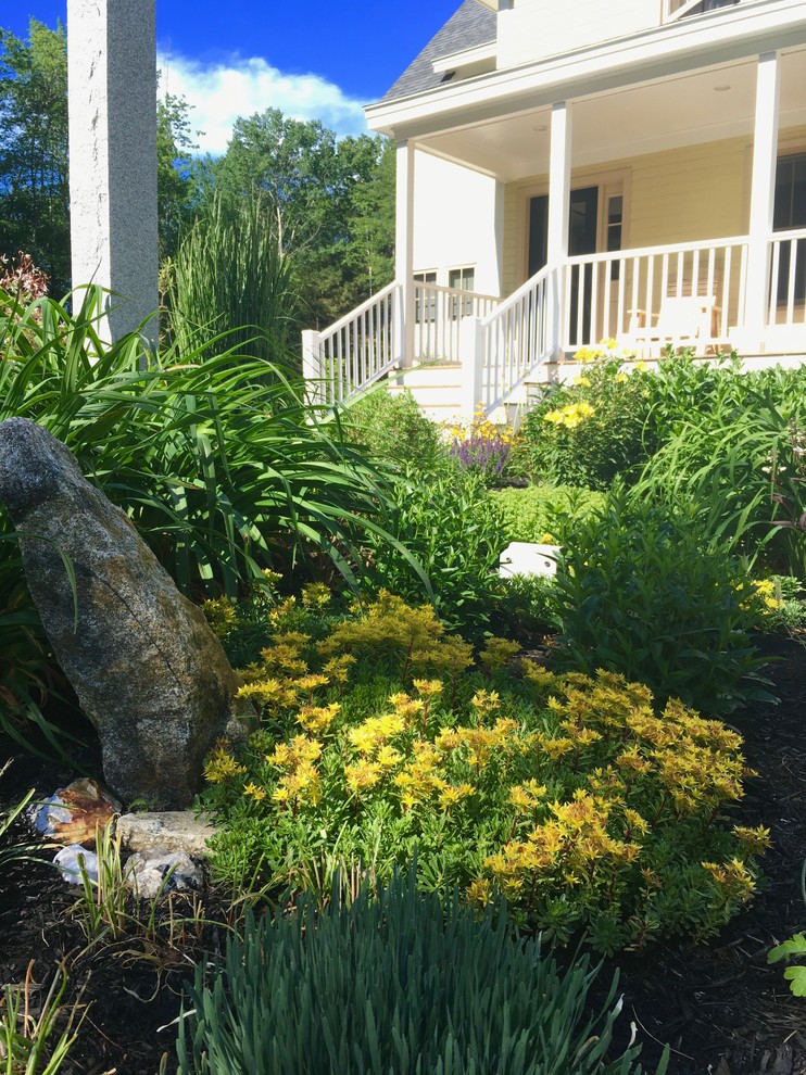 Inspiration for a medium sized country front full sun garden for summer in Portland Maine with a garden path and mulch.