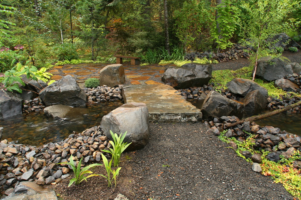 Exemple d'un jardin arrière chic avec un point d'eau et du gravier.