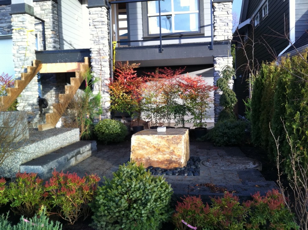 Inspiration för små moderna trädgårdar i delvis sol framför huset på våren, med en fontän och marksten i tegel