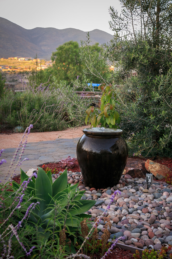 Photo of a large back xeriscape garden in San Diego with a garden path and concrete paving.