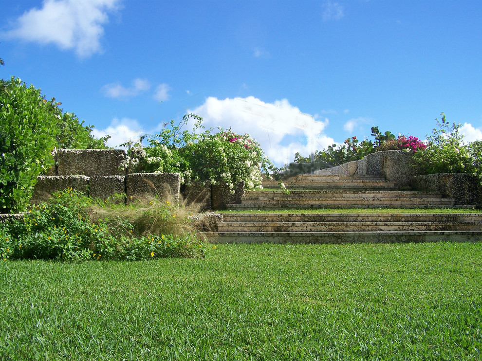 Immagine di un giardino tropicale esposto in pieno sole in estate con un pendio, una collina o una riva e scale