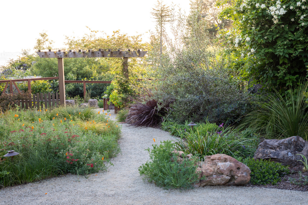 Пример оригинального дизайна: солнечный, весенний засухоустойчивый сад на заднем дворе в современном стиле с местом для костра, хорошей освещенностью и покрытием из каменной брусчатки