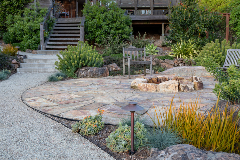 Diseño de jardín de secano actual grande en primavera en patio trasero con brasero, exposición total al sol y adoquines de piedra natural