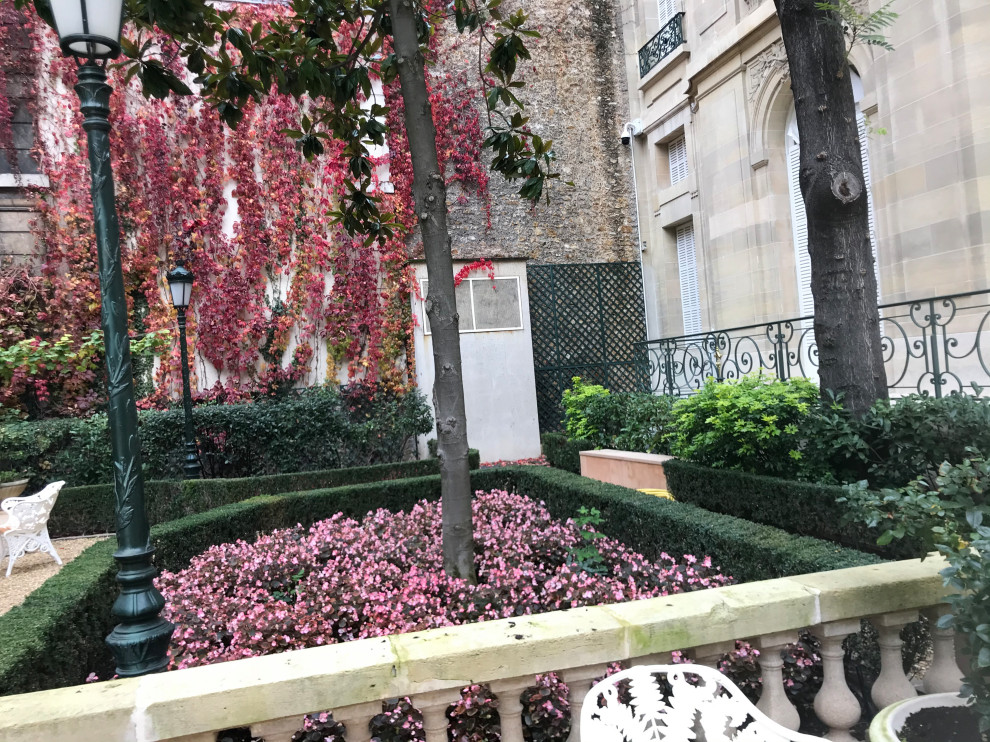 パリにある高級な広いシャビーシック調のおしゃれな庭 (庭への小道、半日向、砂利舗装) の写真