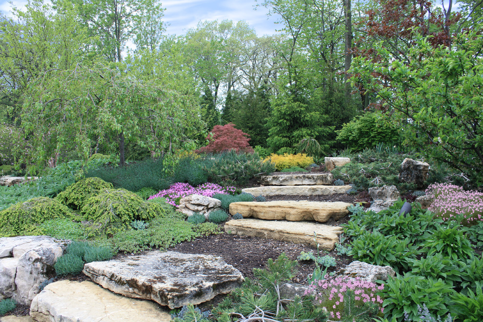 Foto di un giardino minimal con un pendio, una collina o una riva e un ingresso o sentiero