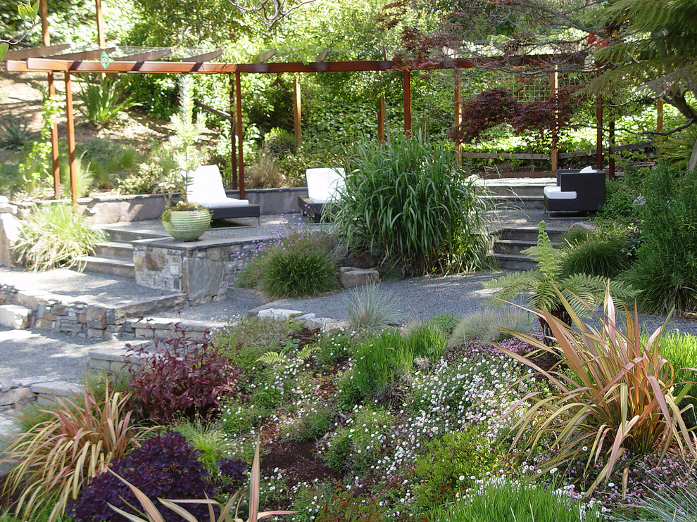 Geometrischer, Großer, Halbschattiger Moderner Kiesgarten im Frühling, hinter dem Haus in San Francisco