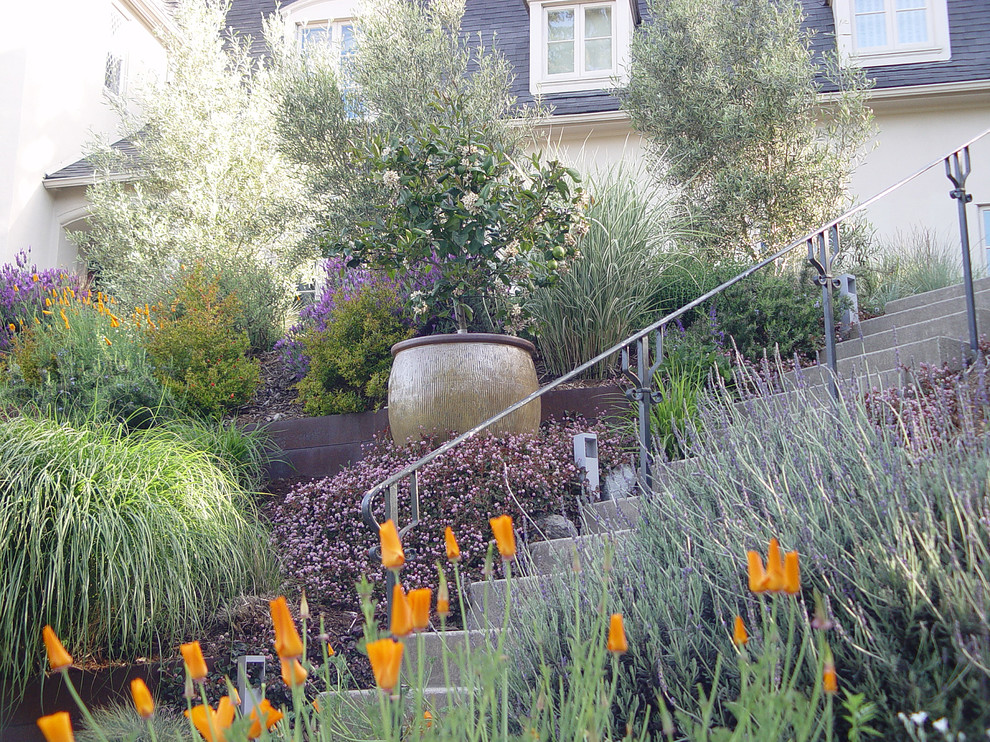 Imagen de jardín contemporáneo grande en primavera en patio trasero con jardín francés, exposición parcial al sol y adoquines de hormigón
