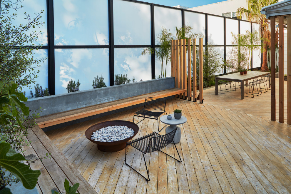 Ejemplo de jardín de secano minimalista grande en patio trasero con brasero, exposición total al sol y entablado