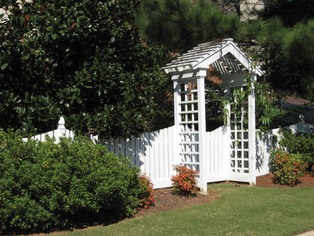 Пример оригинального дизайна: участок и сад среднего размера на заднем дворе в классическом стиле с садовой дорожкой или калиткой, полуденной тенью и мульчированием