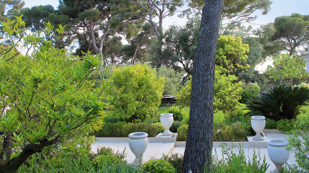 Идея дизайна: солнечный регулярный сад на переднем дворе в средиземноморском стиле с садовой дорожкой или калиткой, хорошей освещенностью и покрытием из каменной брусчатки