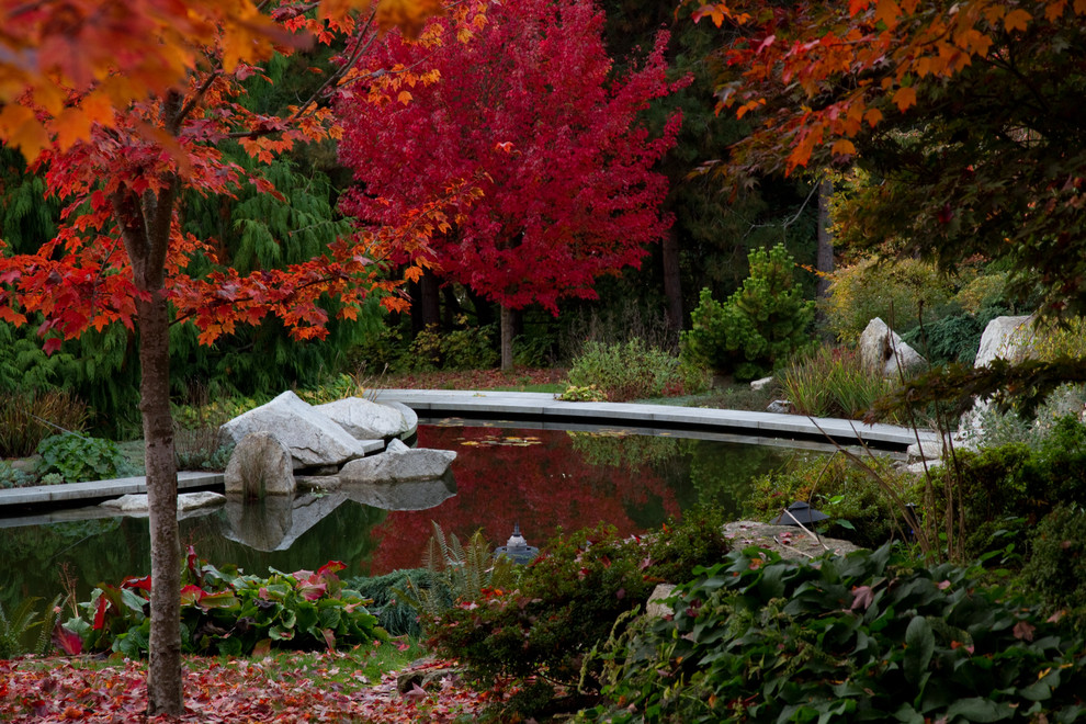 Esempio di un ampio giardino tradizionale esposto a mezz'ombra davanti casa in autunno con fontane e pavimentazioni in pietra naturale