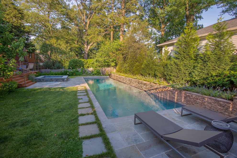 Inspiration for a mid-sized contemporary full sun backyard stone landscaping in DC Metro.