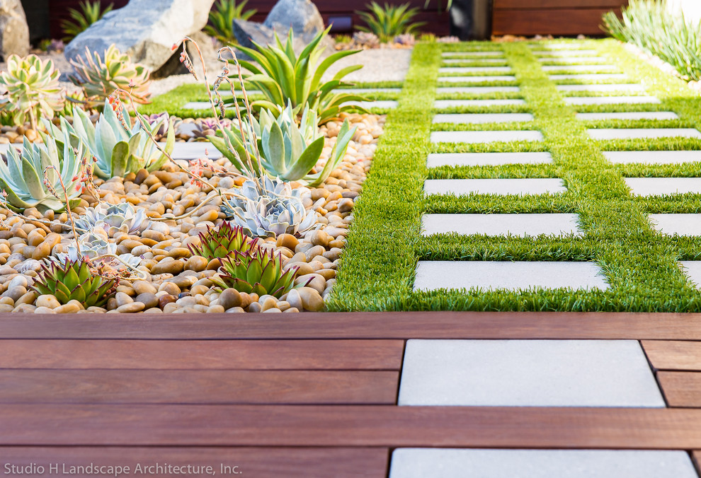 Artificial Grass + Ipe Wood Deck Contemporary Landscape Orange County by Studio H