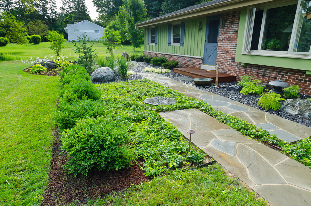 Inspiration for a mid-sized asian front yard stone garden path in Milwaukee.