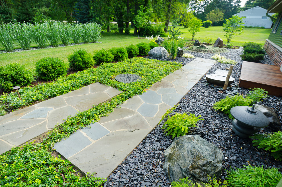 This is an example of a mid-sized asian front yard stone garden path in Milwaukee.