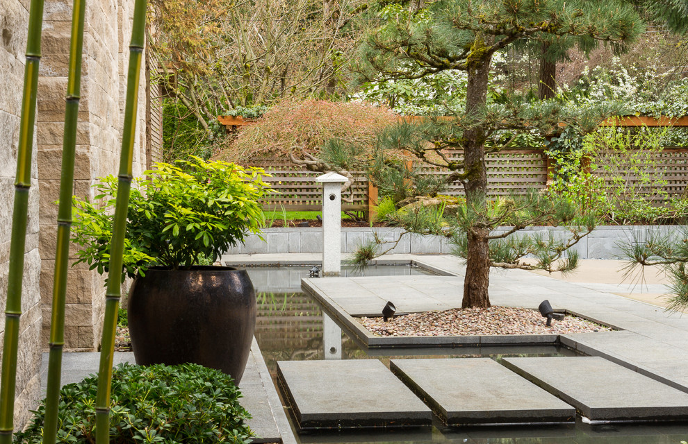 Halbschattiger Asiatischer Garten mit Wasserspiel und Betonboden in Portland