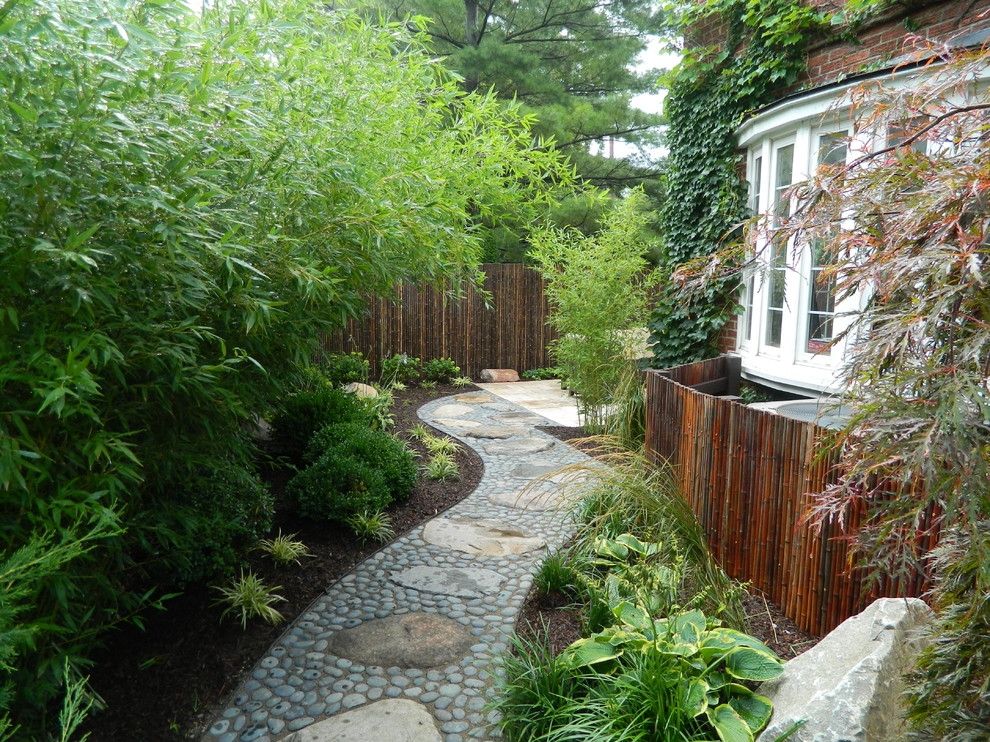 Cette image montre un jardin asiatique avec une exposition ombragée et des pavés en pierre naturelle.