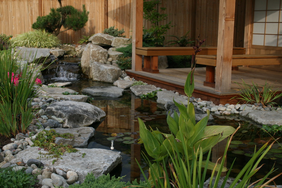 Imagen de jardín de estilo zen de tamaño medio en verano en patio trasero con fuente y exposición parcial al sol
