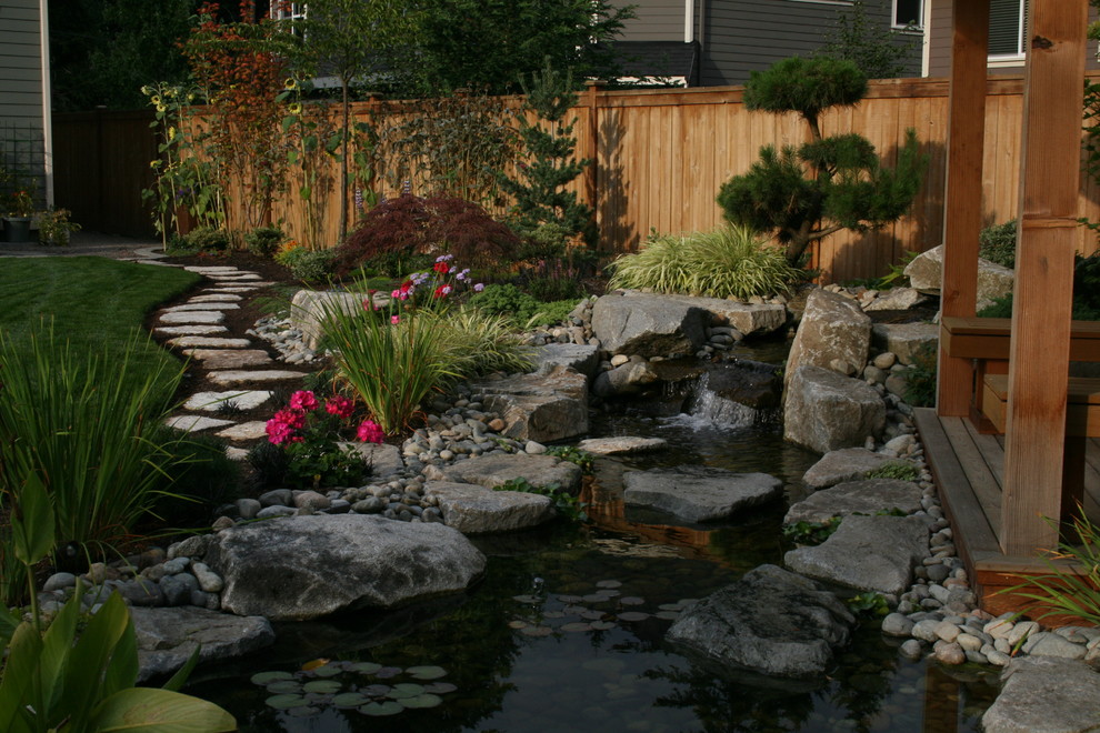 Imagen de jardín de estilo zen de tamaño medio en verano en patio trasero con fuente y exposición parcial al sol