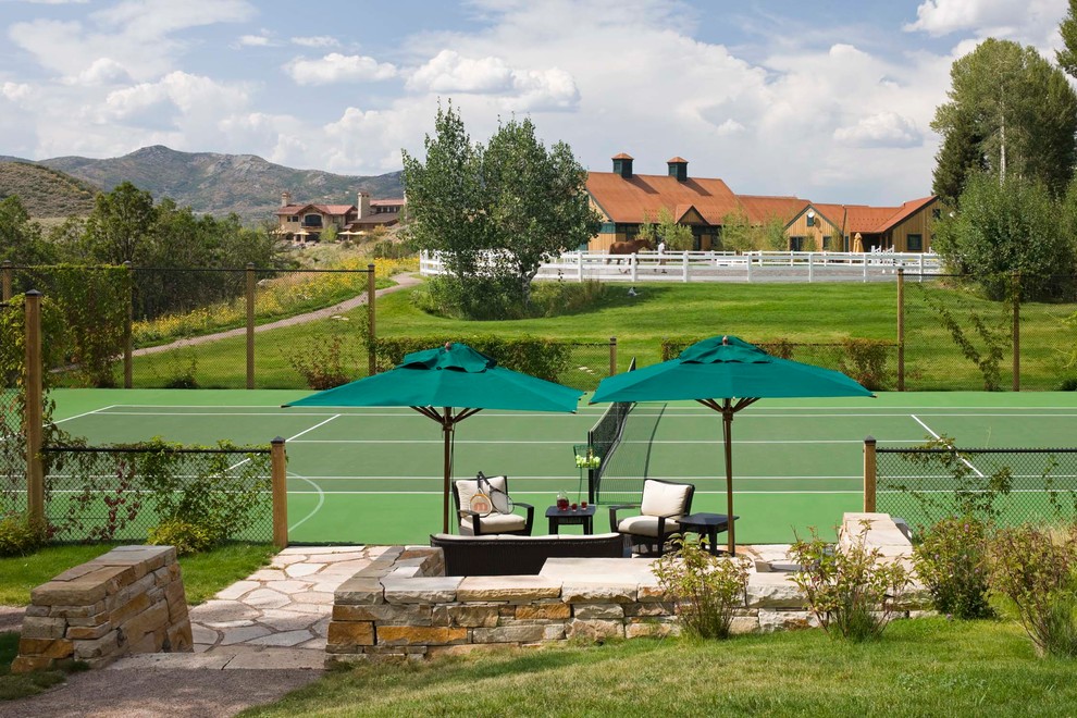 Large mediterranean back full sun garden for spring in Denver with an outdoor sport court.