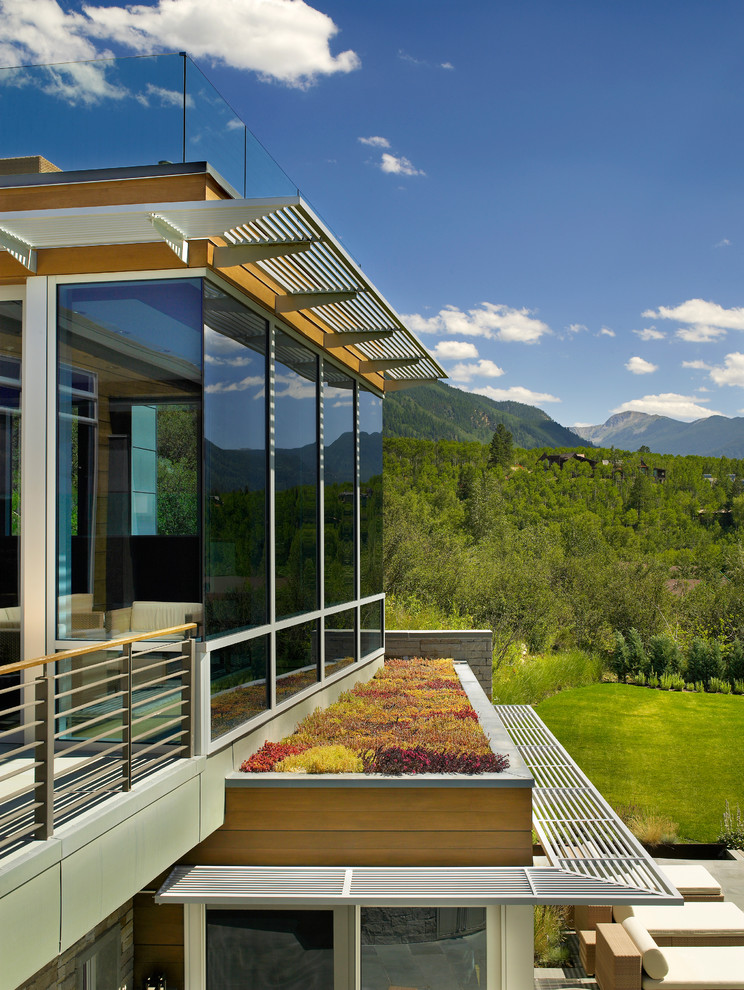 Идея дизайна: солнечный участок и сад на крыше в современном стиле с хорошей освещенностью и с перголой