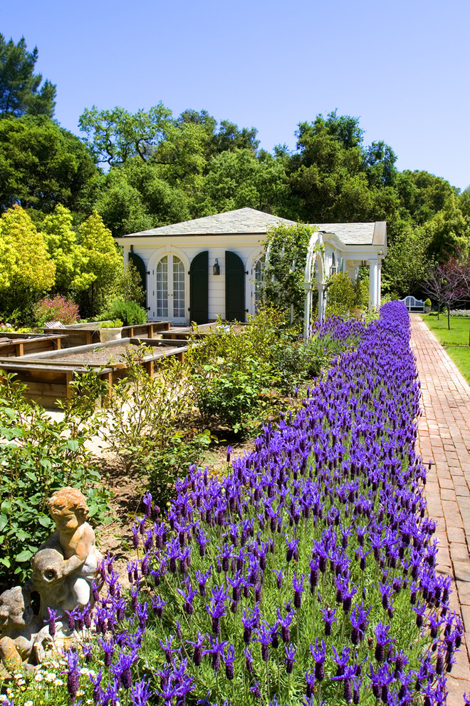 На фото: солнечный, летний участок и сад в классическом стиле с хорошей освещенностью