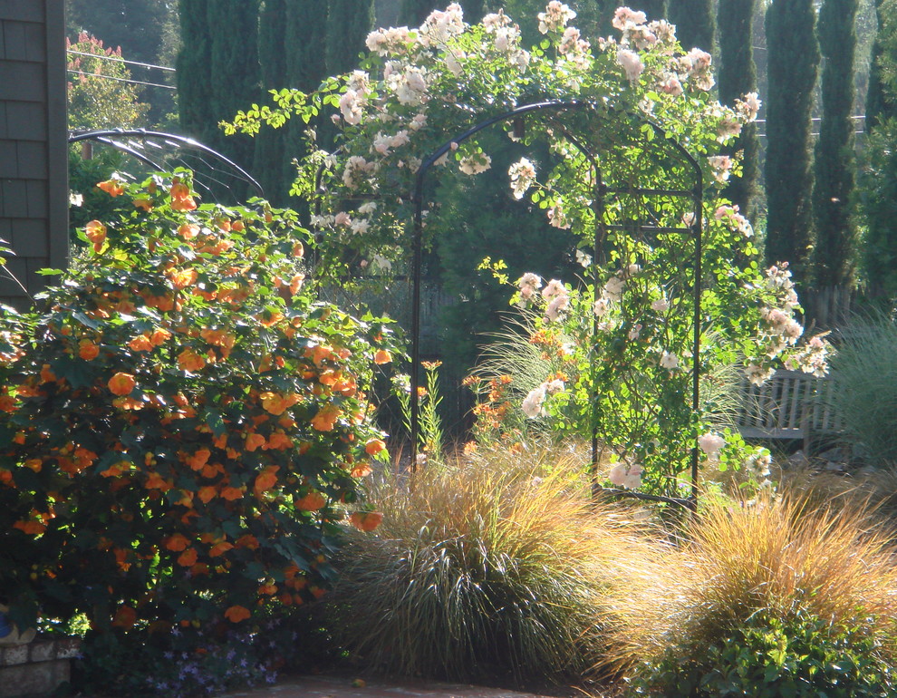 Exempel på en mellanstor klassisk gårdsplan i full sol på våren, med en trädgårdsgång och grus
