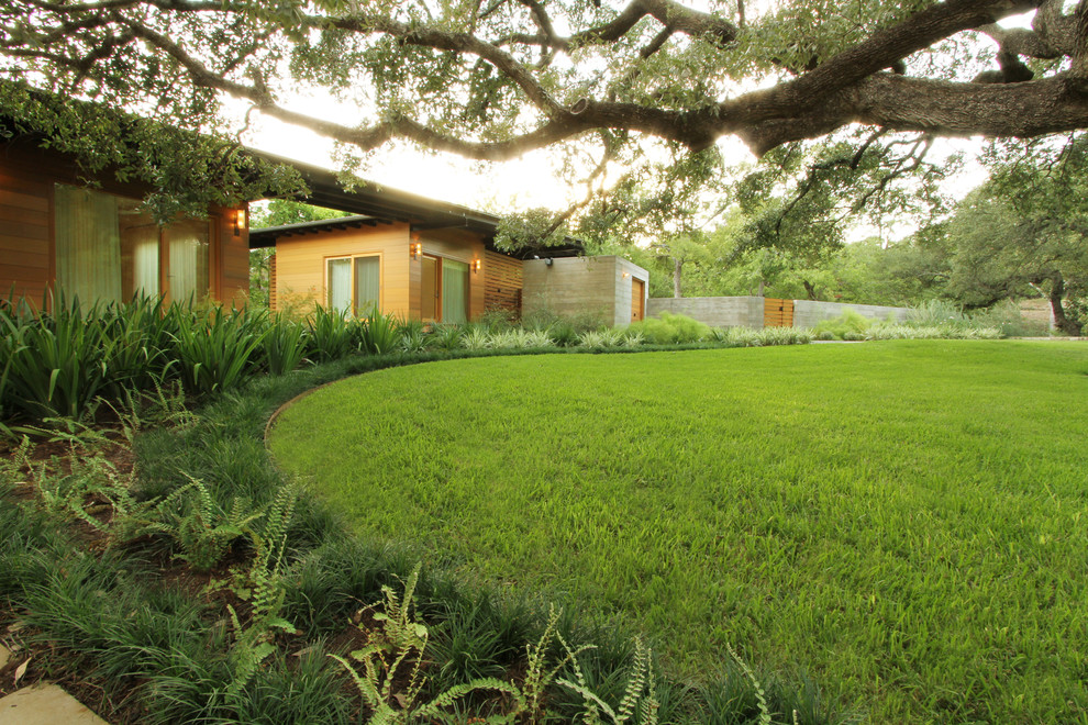 Стильный дизайн: солнечный, летний регулярный сад среднего размера на заднем дворе в современном стиле с садовой дорожкой или калиткой и хорошей освещенностью - последний тренд