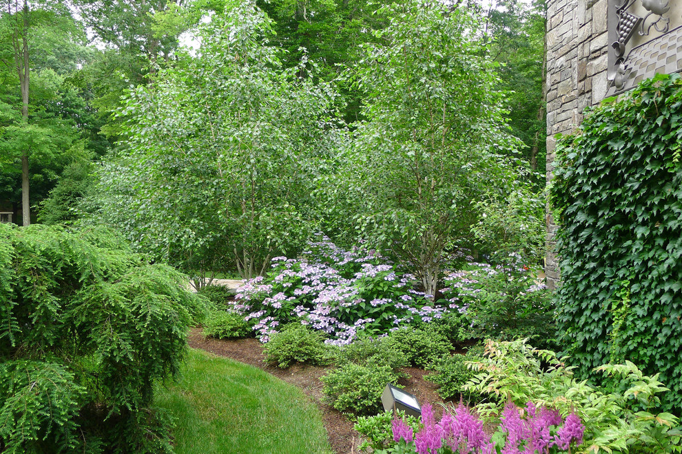 Immagine di un ampio giardino chic in ombra nel cortile laterale in estate con un ingresso o sentiero e pavimentazioni in pietra naturale