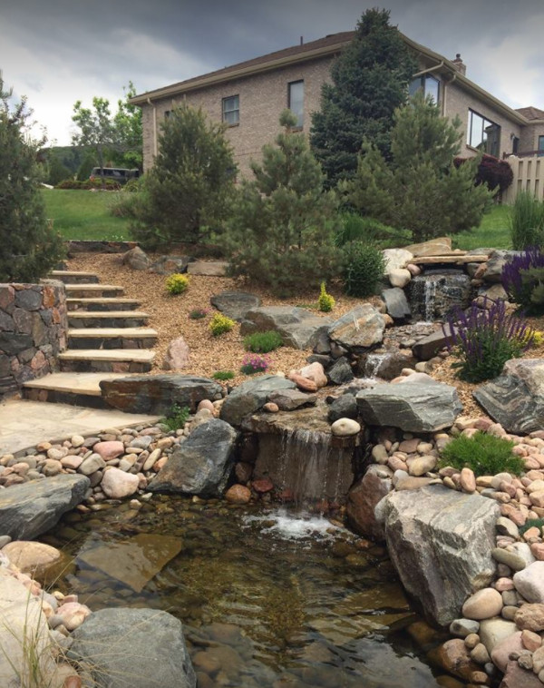 Cette photo montre un grand jardin arrière montagne avec un bassin, une exposition ensoleillée et des pavés en pierre naturelle.