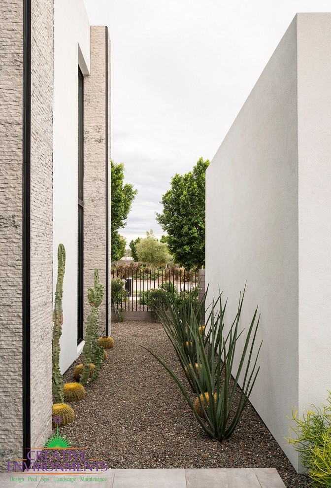 Immagine di un grande giardino moderno esposto a mezz'ombra dietro casa in estate con un focolare e pavimentazioni in mattoni