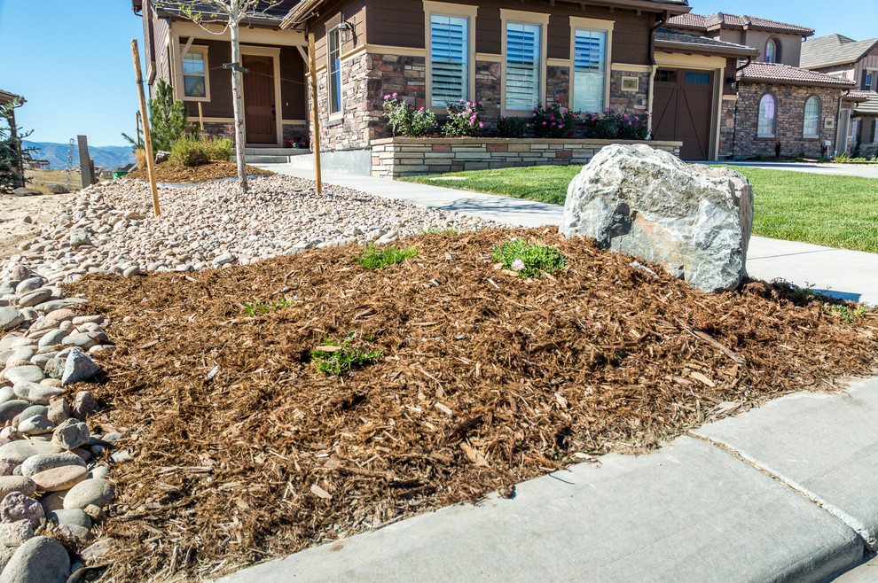 Design ideas for a medium sized traditional front xeriscape full sun garden for summer in Denver with mulch.