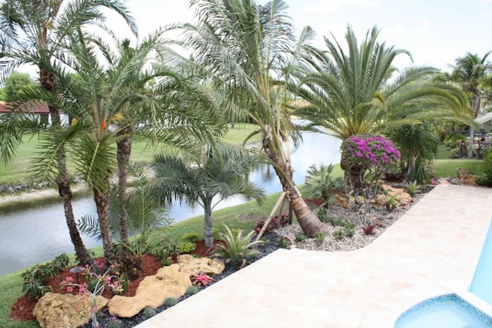 Foto di un grande giardino tropicale esposto in pieno sole dietro casa con pavimentazioni in pietra naturale