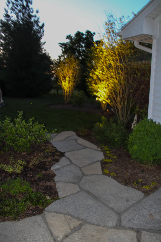 This is an example of a large traditional front full sun garden in Other with a garden path and mulch.