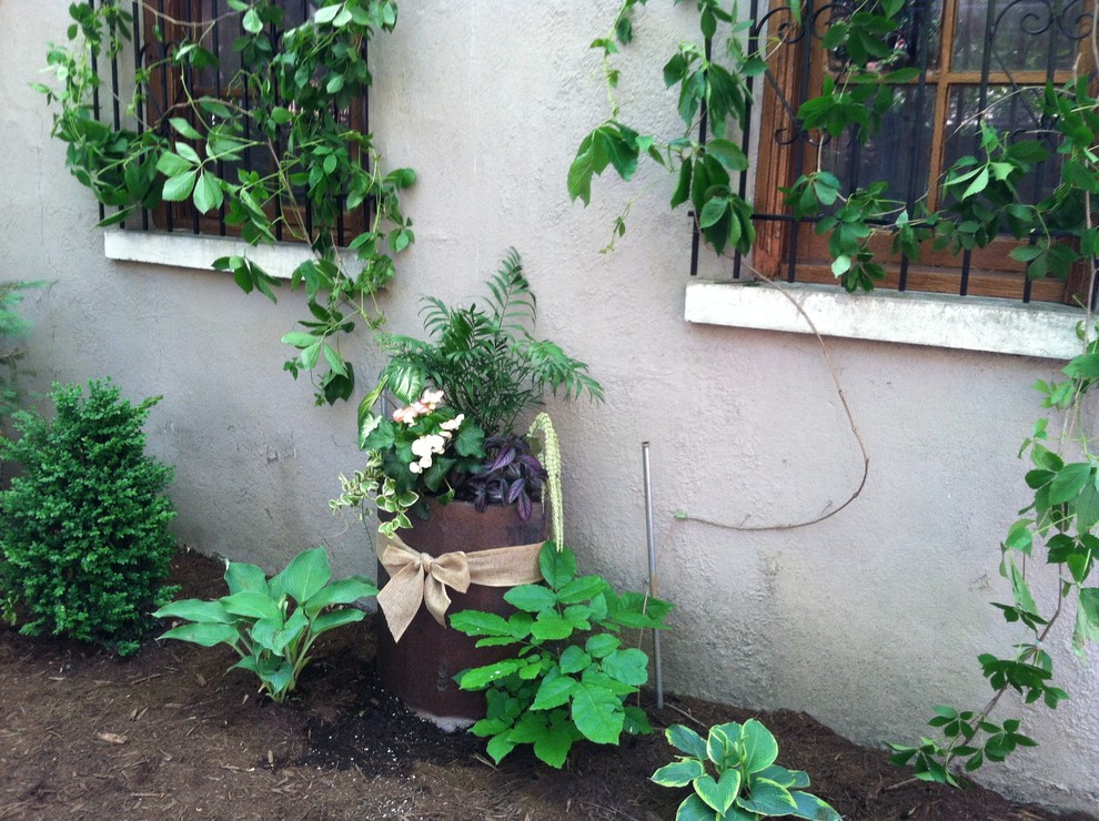 Immagine di un giardino formale shabby-chic style in ombra di medie dimensioni e dietro casa in primavera con un giardino in vaso e pacciame