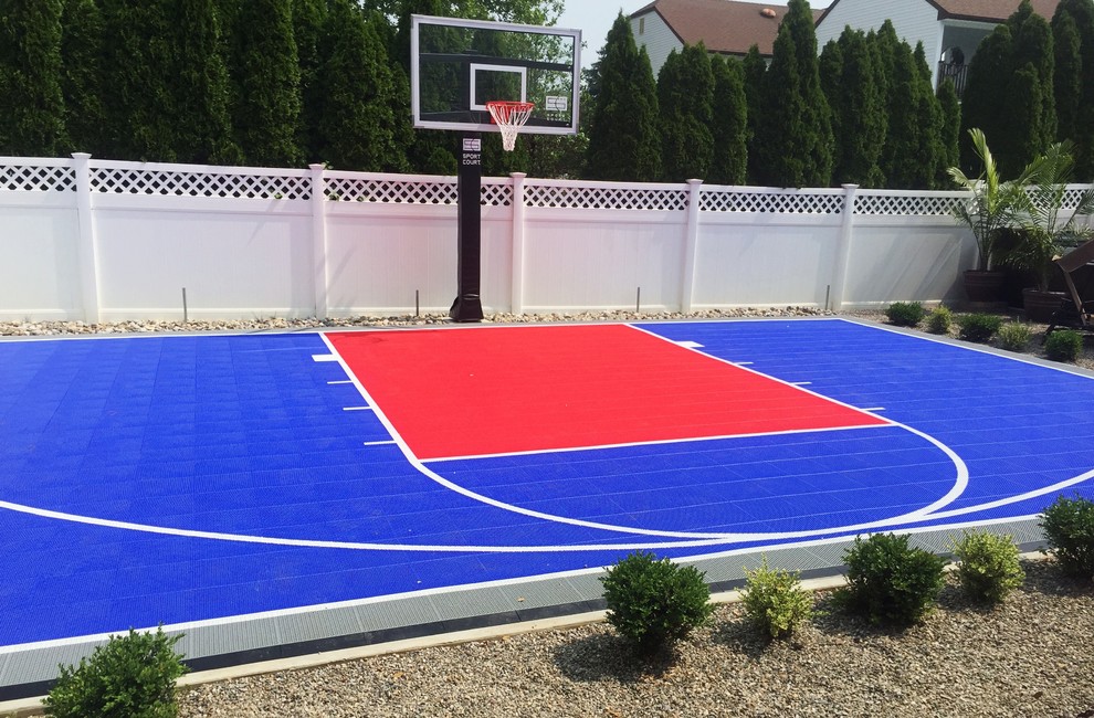 Photo of a small modern back partial sun garden in New York with an outdoor sport court and a climbing frame.