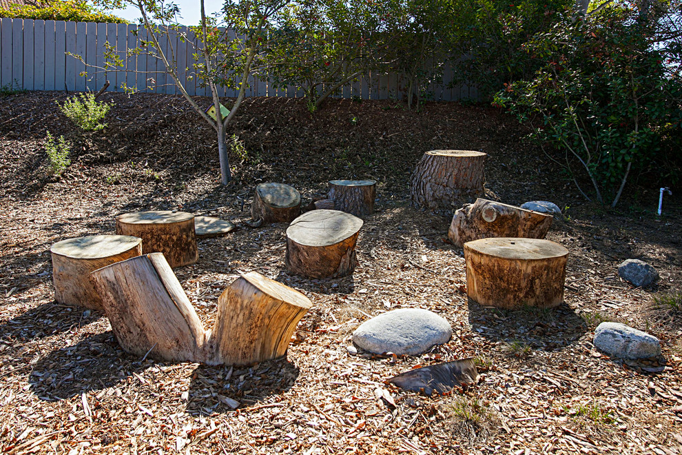 Expansive rustic back xeriscape full sun garden for summer in San Diego with a garden path and decking.