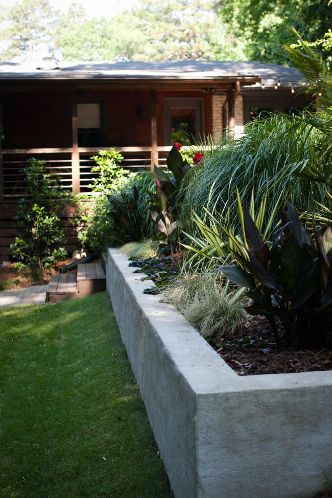 Источник вдохновения для домашнего уюта: летний засухоустойчивый сад среднего размера на заднем дворе в современном стиле с подпорной стенкой и полуденной тенью